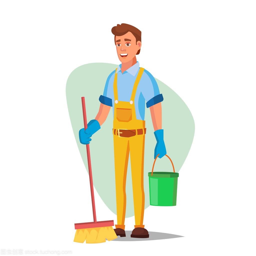 辦公室清潔服務向量。洗衣機, 掃帚孤立的白色卡通人物插圖